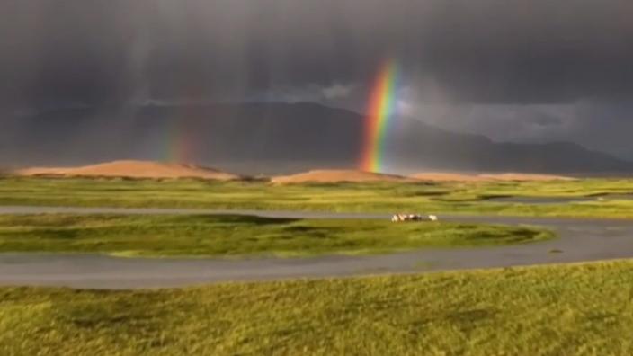 Rare rainbow spans in desert