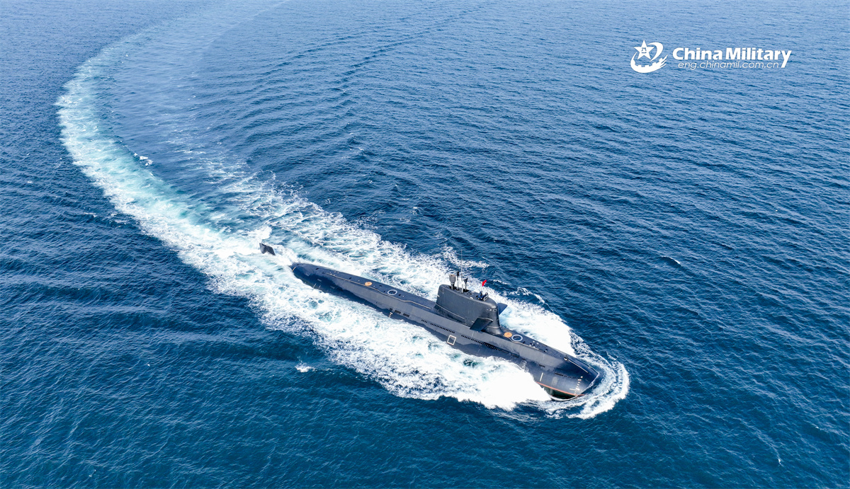 Submarine steams in the sea